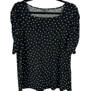 Adrianna Papell Polka Dot Short Ruched Sleeve Square Neck Top Medium Black